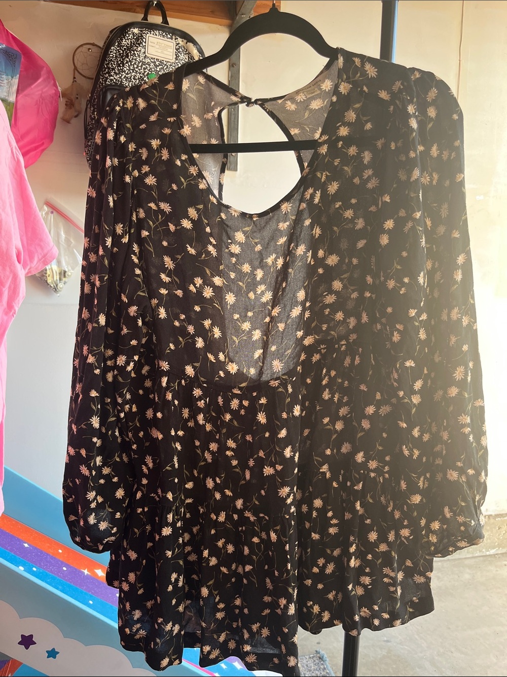 American Eagle Outfitters Black Floral Long-Sleeve Tunic
